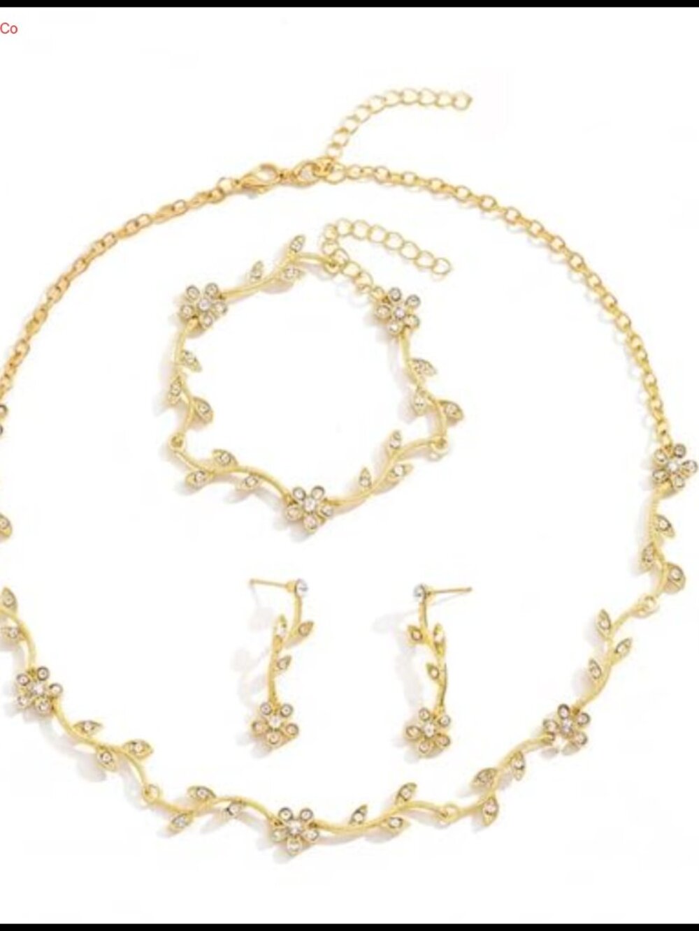 Gold Floral Rhinestone Wedding Jewelry Set Necklace Bracelet Earrings